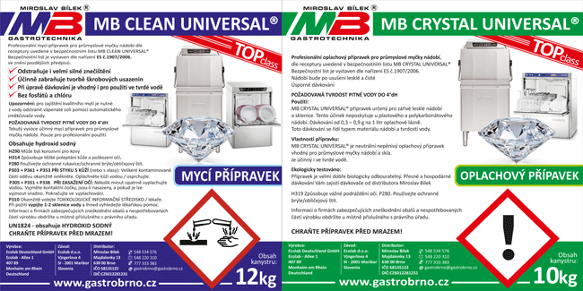 MB UNIVERSAL mycí MBCLEAN UNIVERSAL a oplachový prostředek MBCRYSTAL UNIVERSAL do profesionálních myček