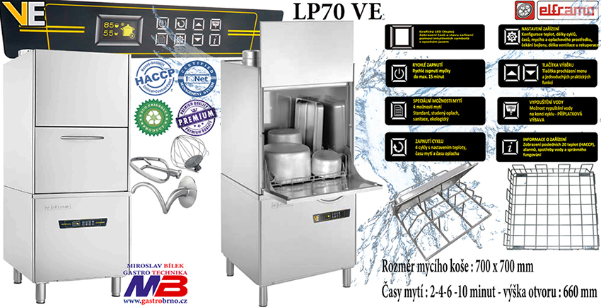 LP70VE myčky černého nádobí s VE dotykovým ovládacím panelem a kontrolou HACCP Myčky černého nádobí LP70VE dotykovým ovládacím panelem